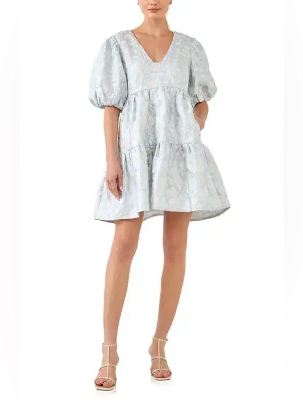 Hausen Blue Floral Jacquard Puff Sleeve Tiered Mini Dress XS Tie Back